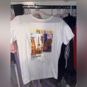 White Tee with Cityscape Graphic